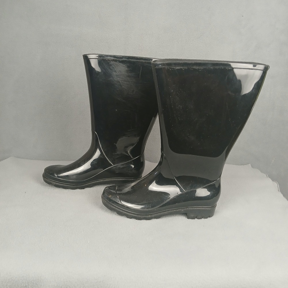 Womens US 6W Black Waterproof‎ Round Toe Lug Sole High Top Pull On Rain Boots